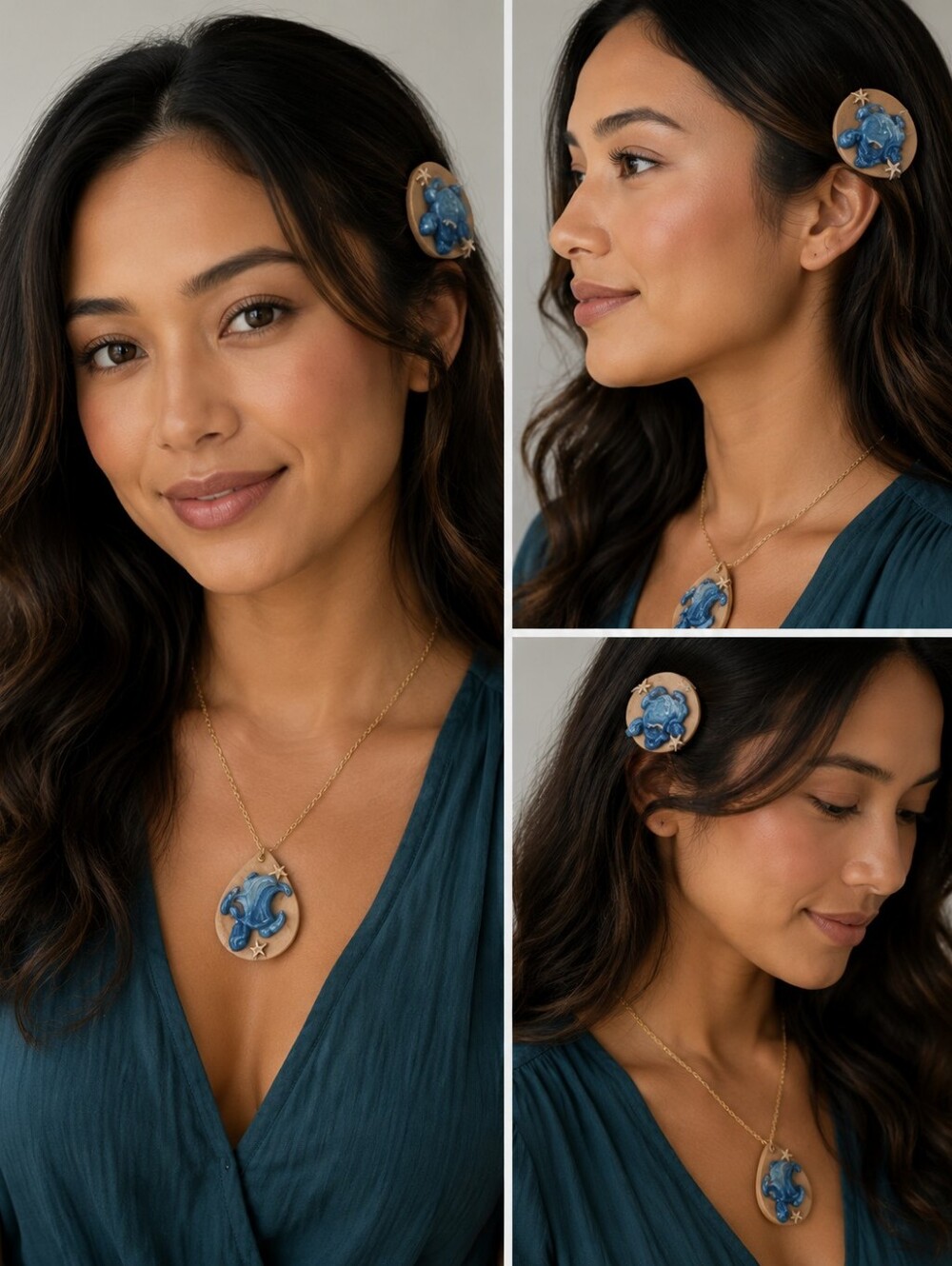 Handmade Sea Turtle Pendant Necklace and Matching Barrette Set